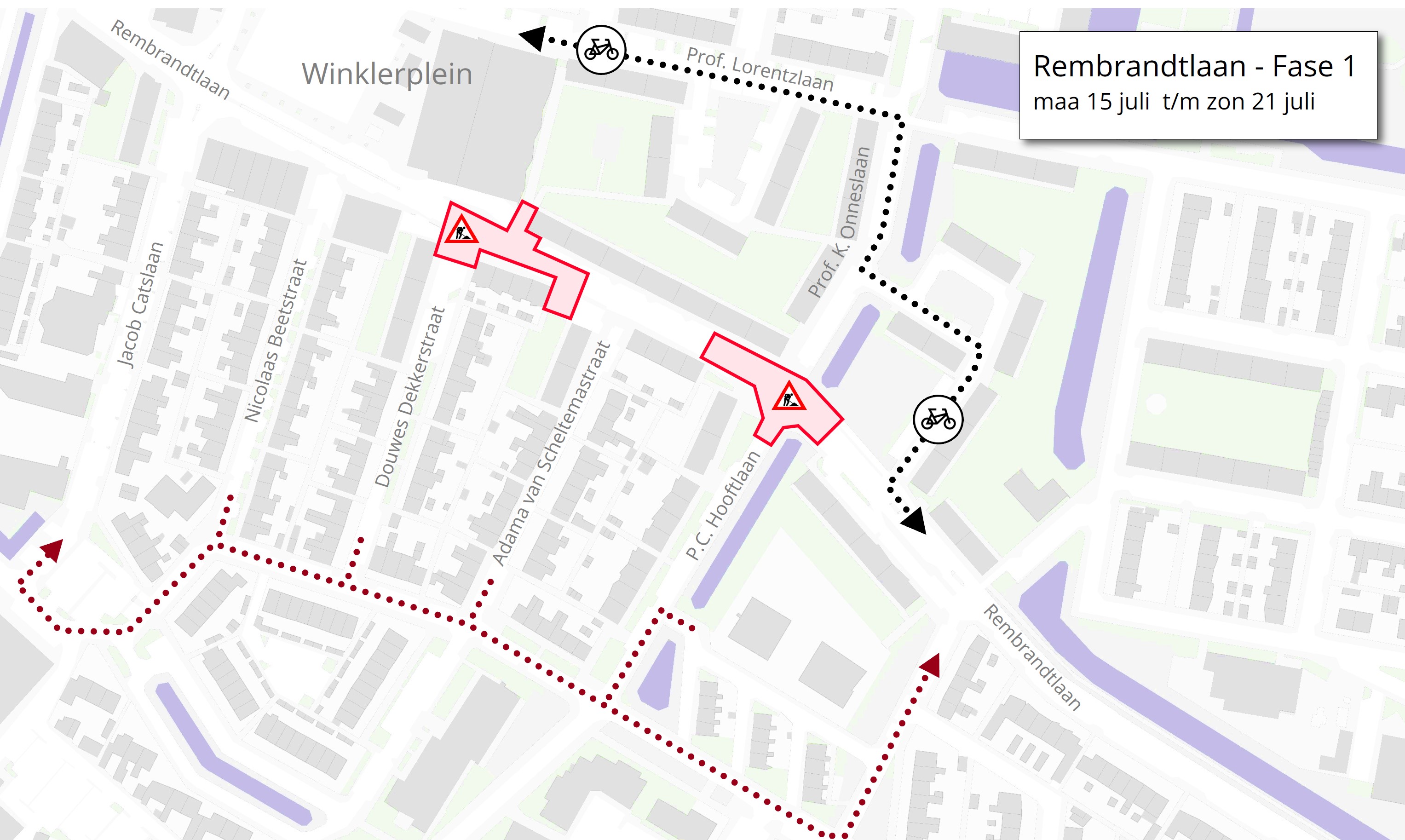 Plattegrond met daarop de locatie van de werkzaamheden in de Rembrandtlaan in Sliedrecht.