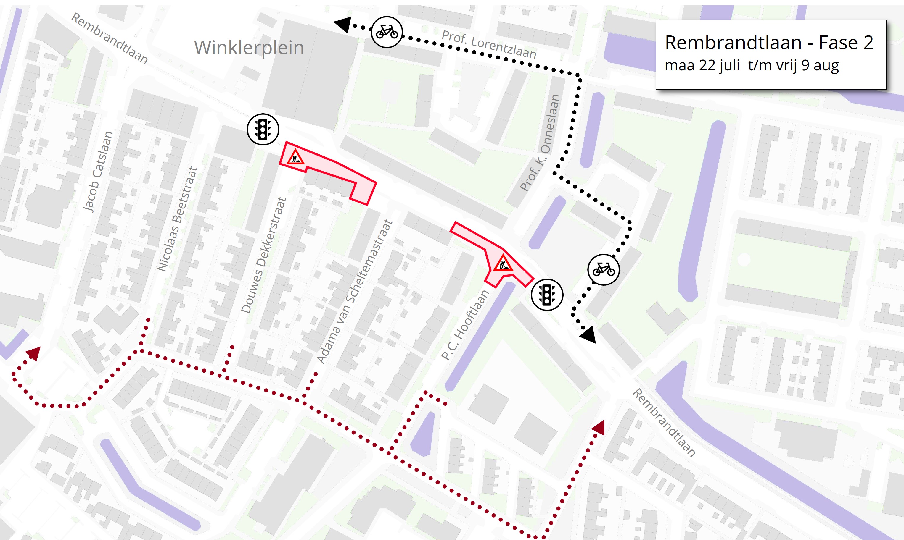 Plattegrond met daarop de locatie van de werkzaamheden in de Rembrandtlaan in Sliedrecht.