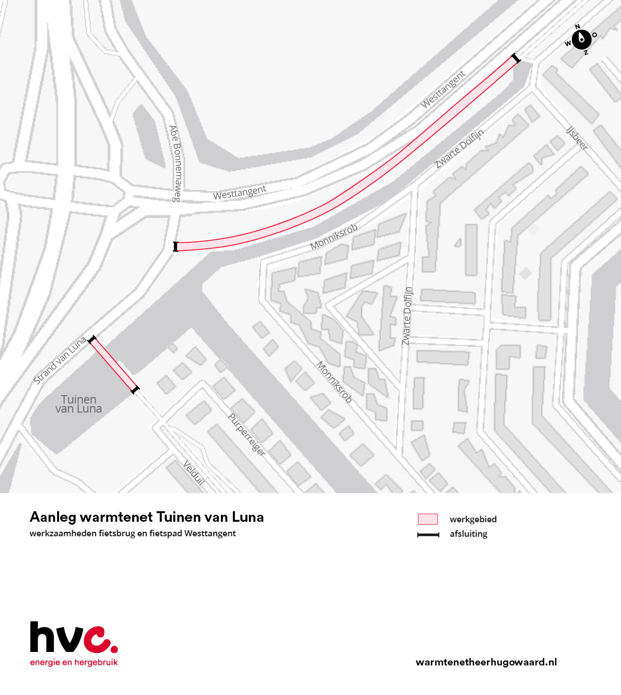 kaartje werkgebieden en afsluiting fietsbrug en fietspad Westtangent