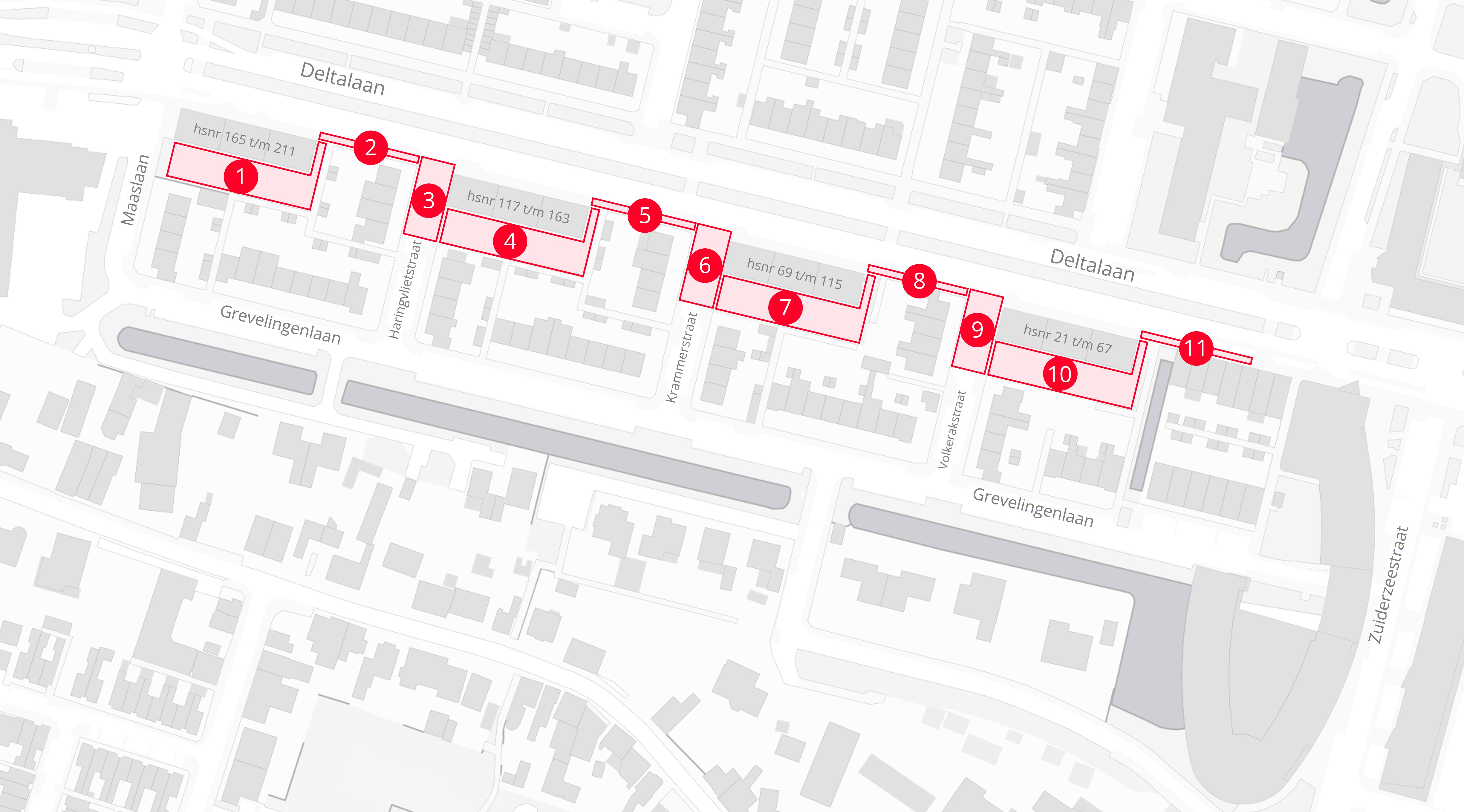 Plattegrond met daarop de locaties van de werkzaamheden in de Deltalaan in Sliedrecht.