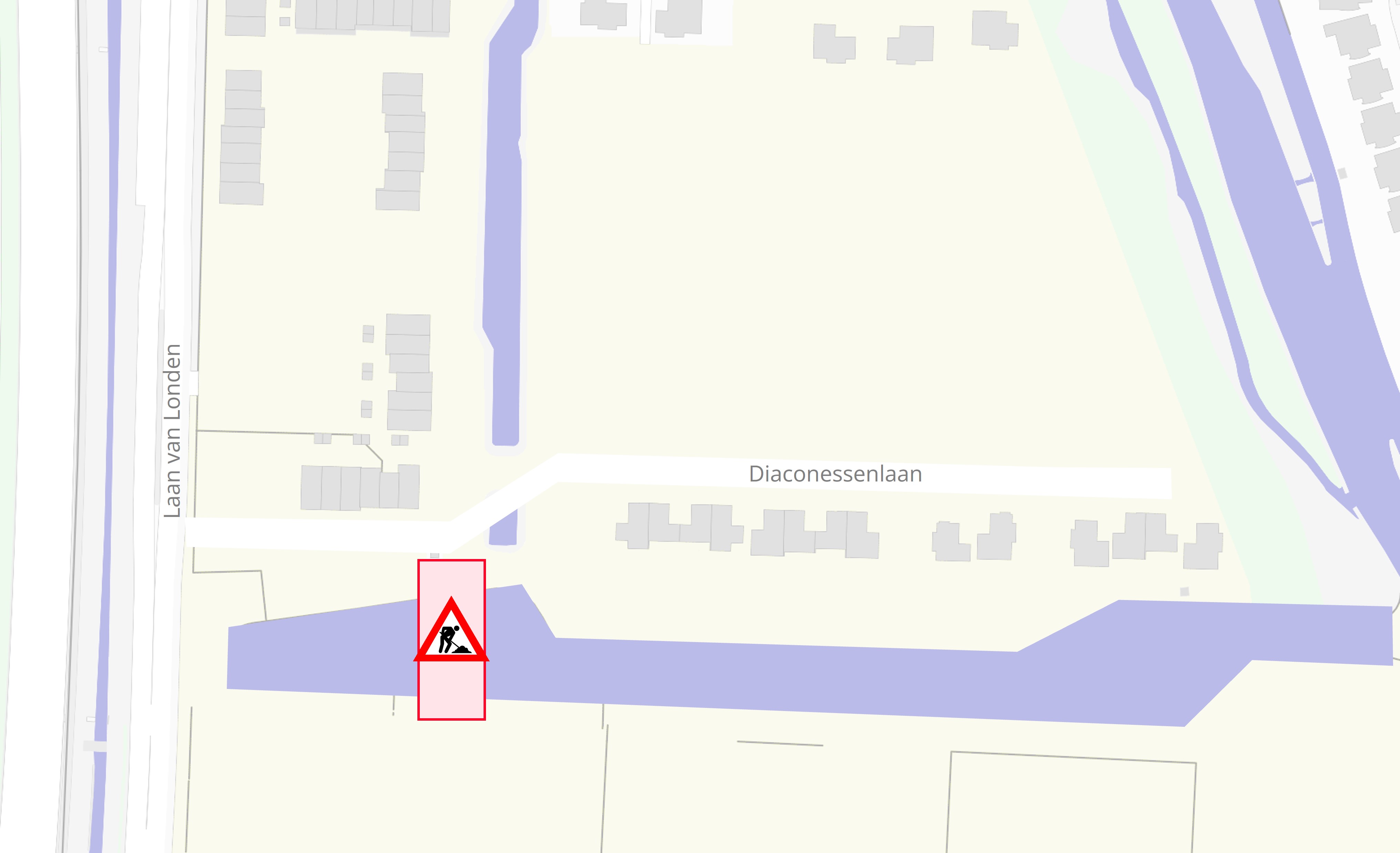 Plattegrond met daarop de locatie van de werkzaamheden in de Diaconessenlaan in Dordrecht.