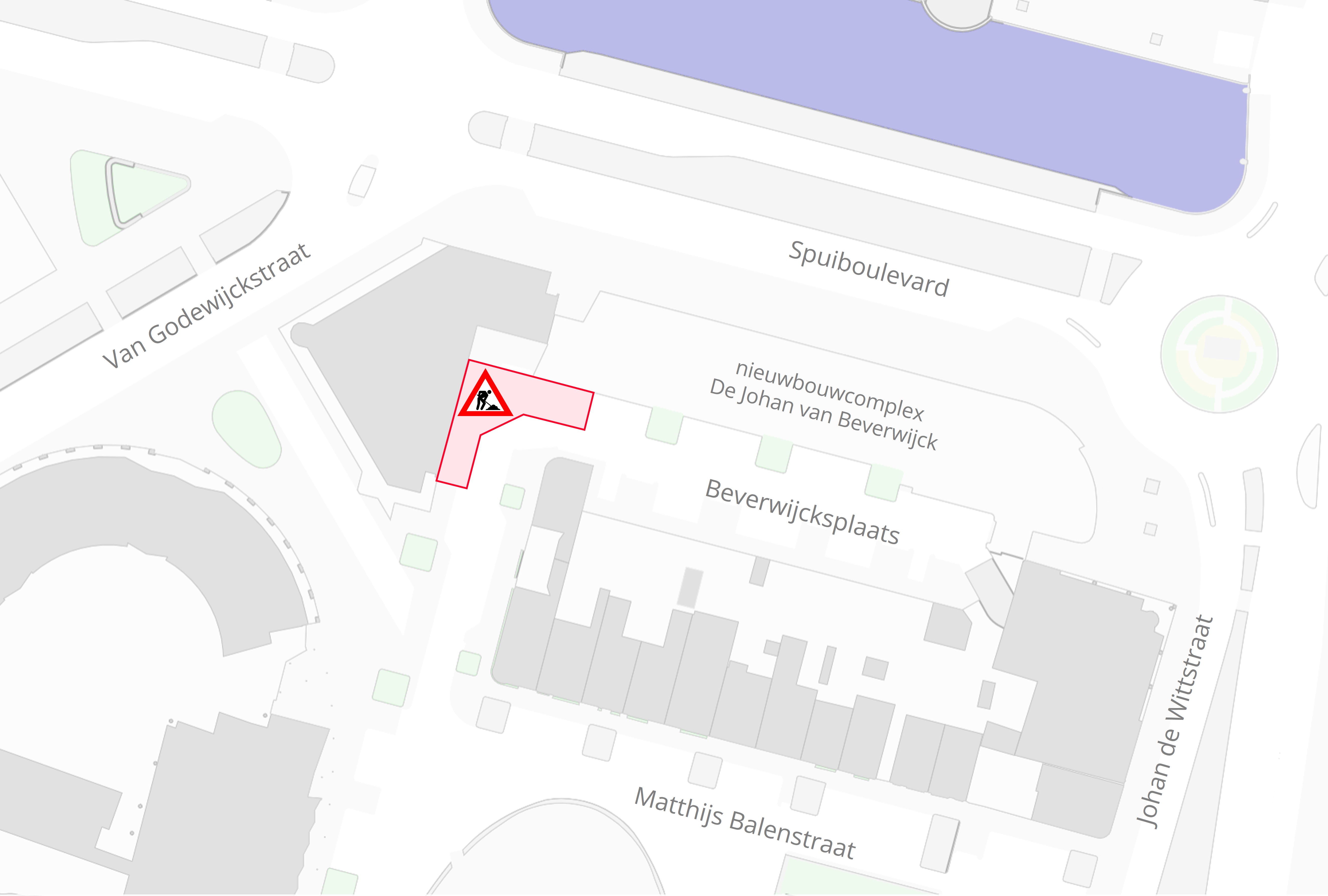 Plattegrond met daarop de locatie van de werkzaamheden in de Beverwijckplaats in Dordrecht..