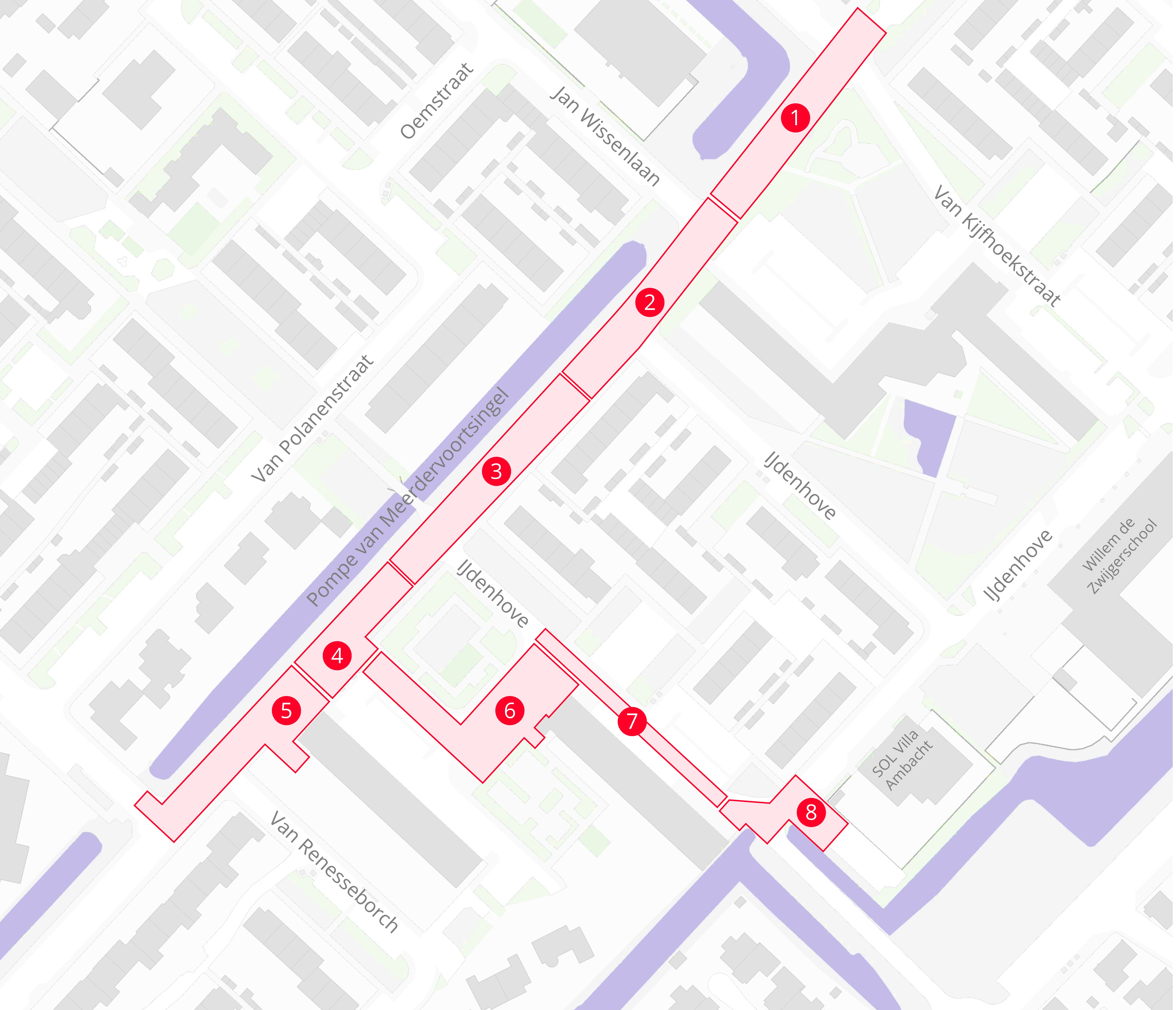 Plattegrond met daarop de locatie van de werkzaamheden in de Pompe van Meerdervoort en IJdenhove in Hendrik-Ido-Ambacht..