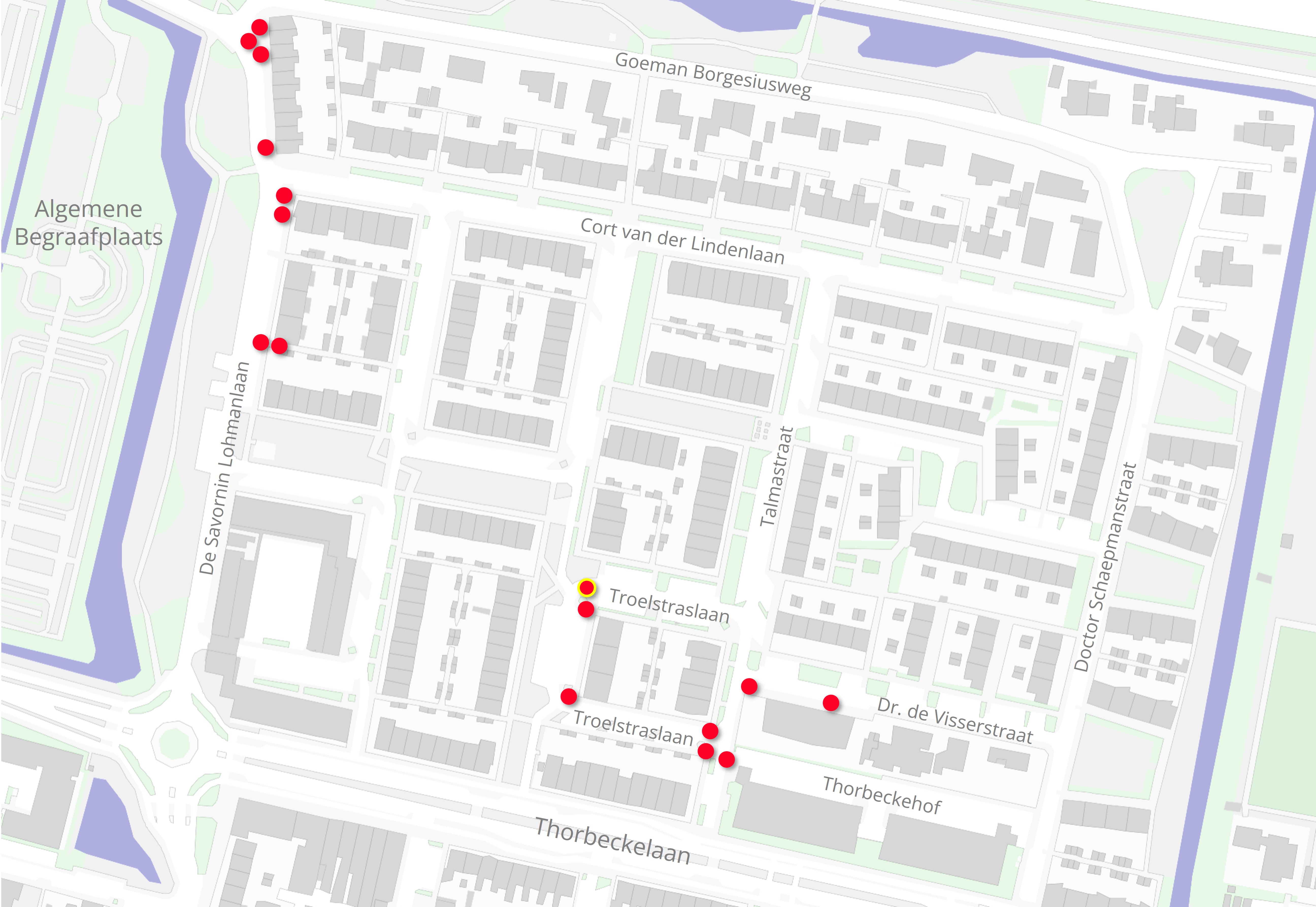 Plattegrond met daarop de locatie van de werkzaamheden in de Staatsliedenbuurt in Sliedrecht.