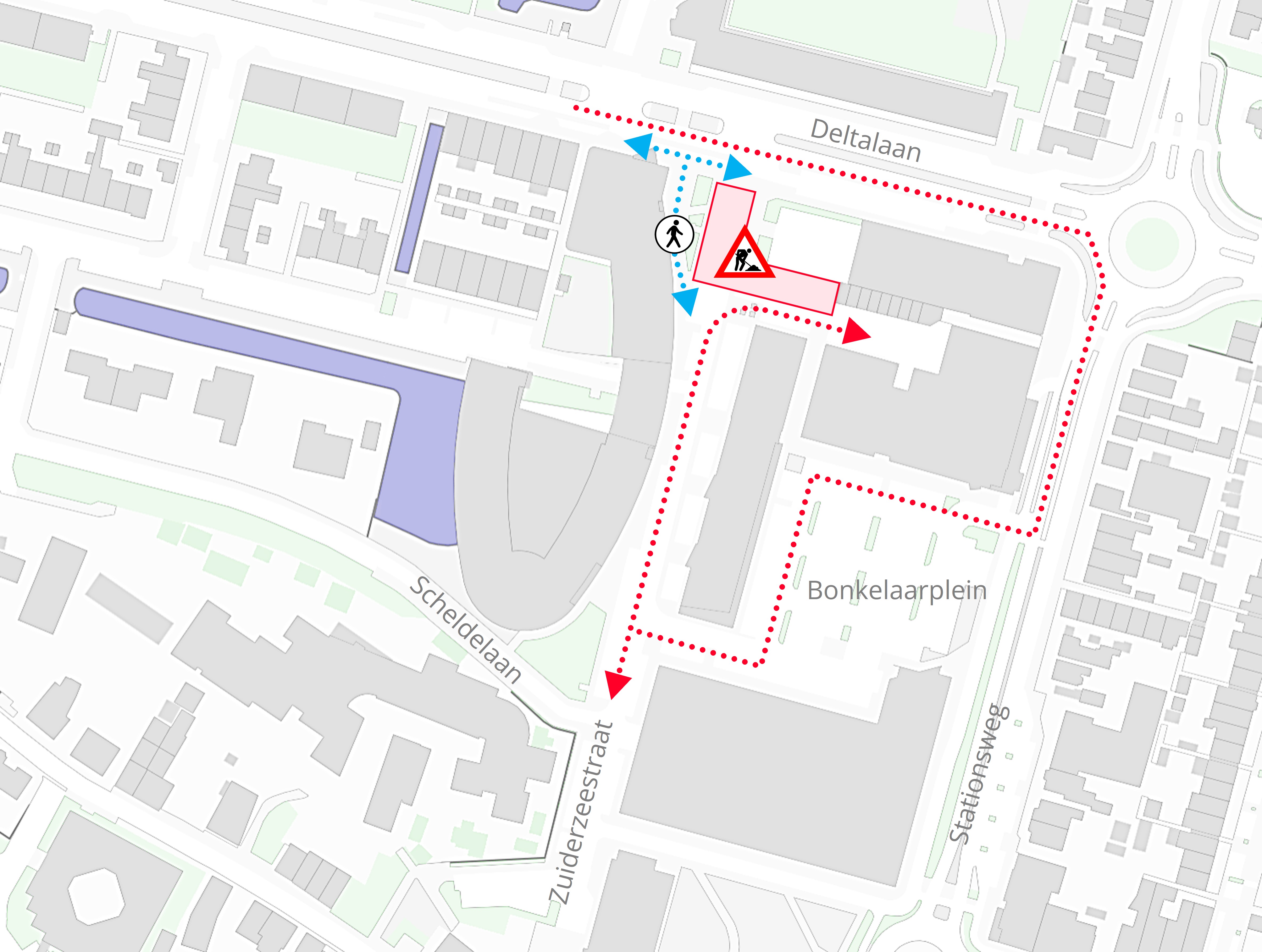 Plattegrond met daarop de locatie van de werkzaamheden in de Zuiderzeestraat in Sliedrecht.