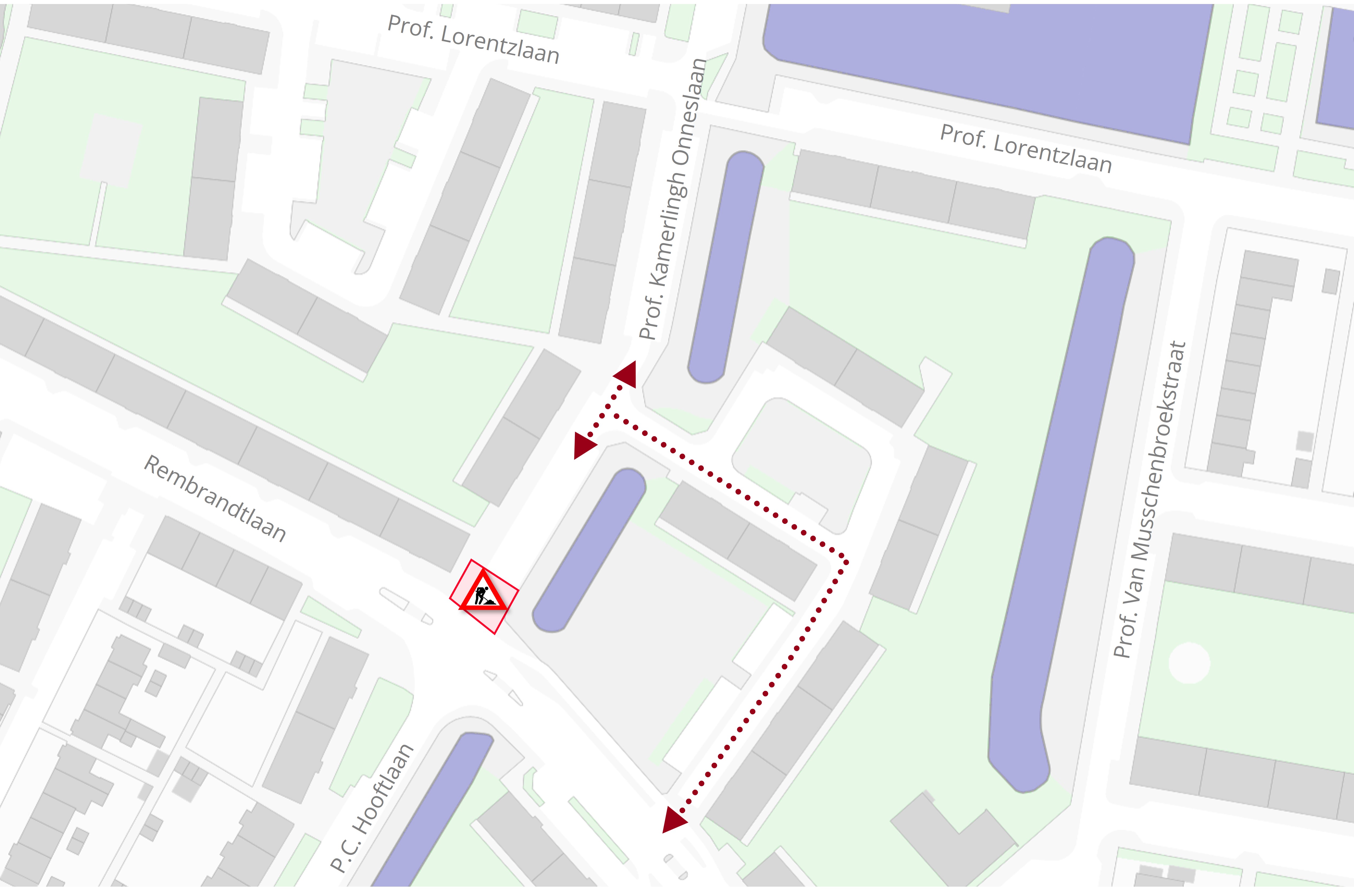 Plattegrond met daarop de locatie van de werkzaamheden in de Prof. Kamerlingh Onneslaan in Sliedrecht.