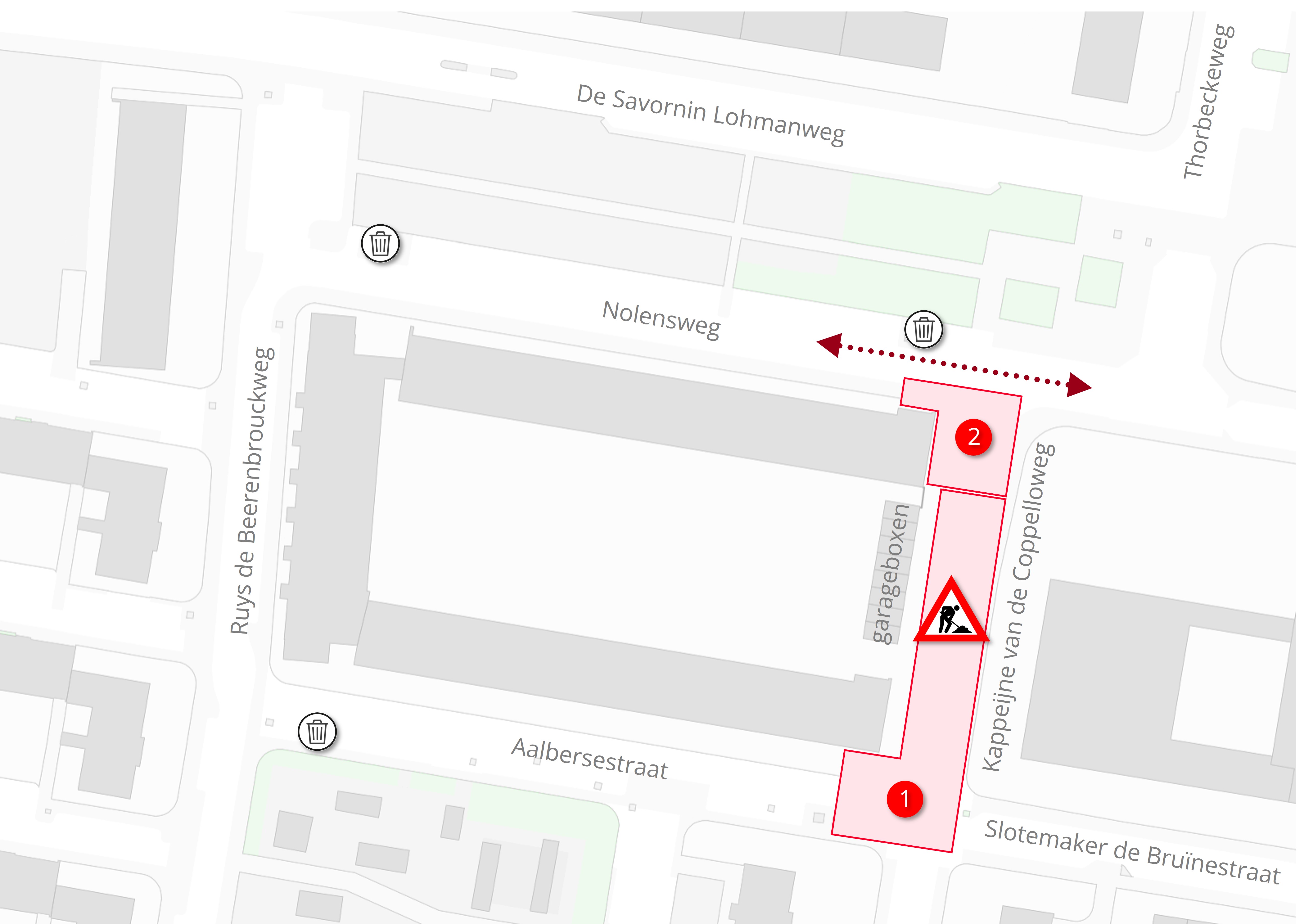 Plattegrond met daarop de locatie van de werkzaamheden in de Kappeijne van de Coppelloweg in Dordrecht.