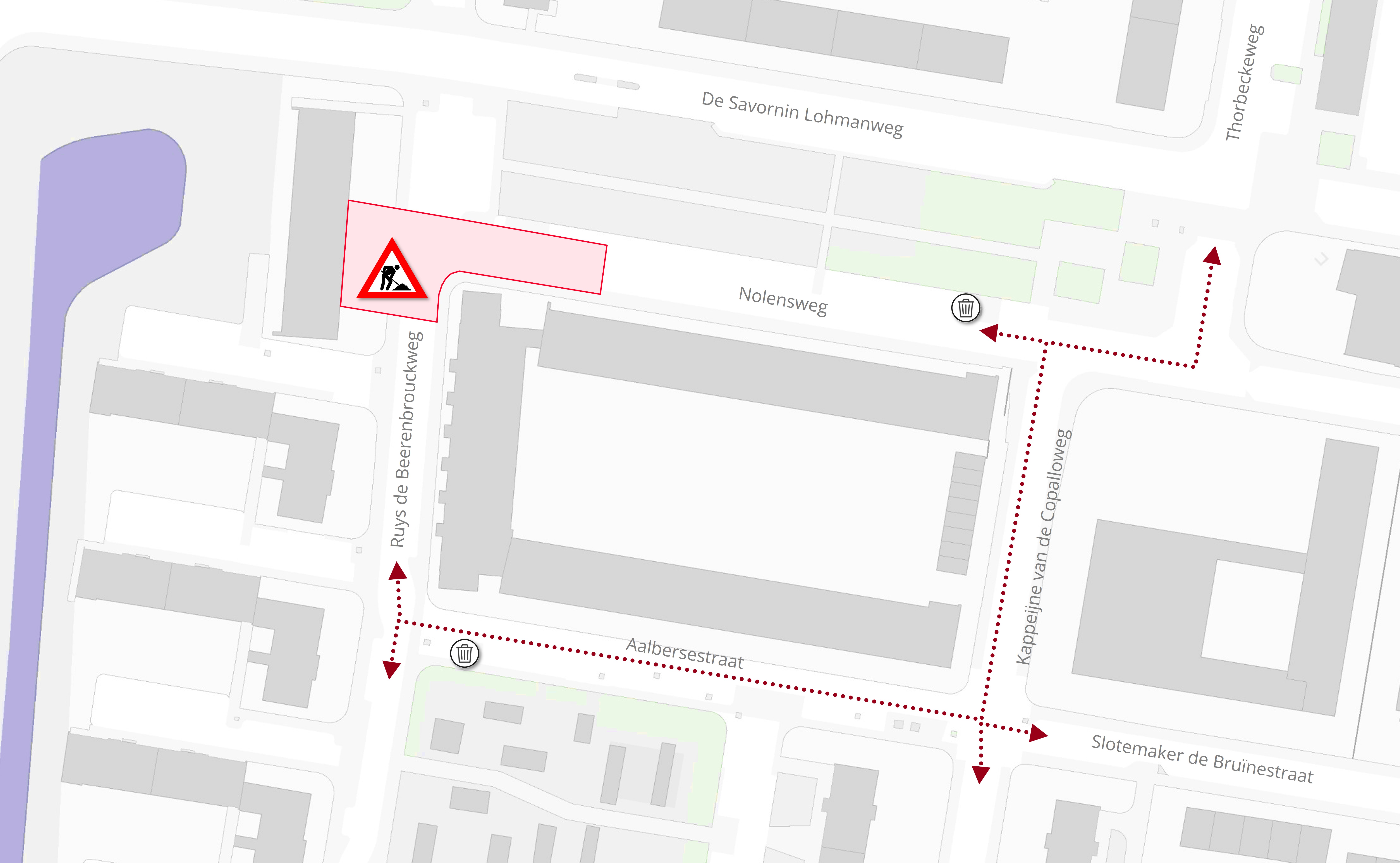 Plattegrond met daarop de locatie van de werkzaamheden in de Nolensweg in Dordrecht.