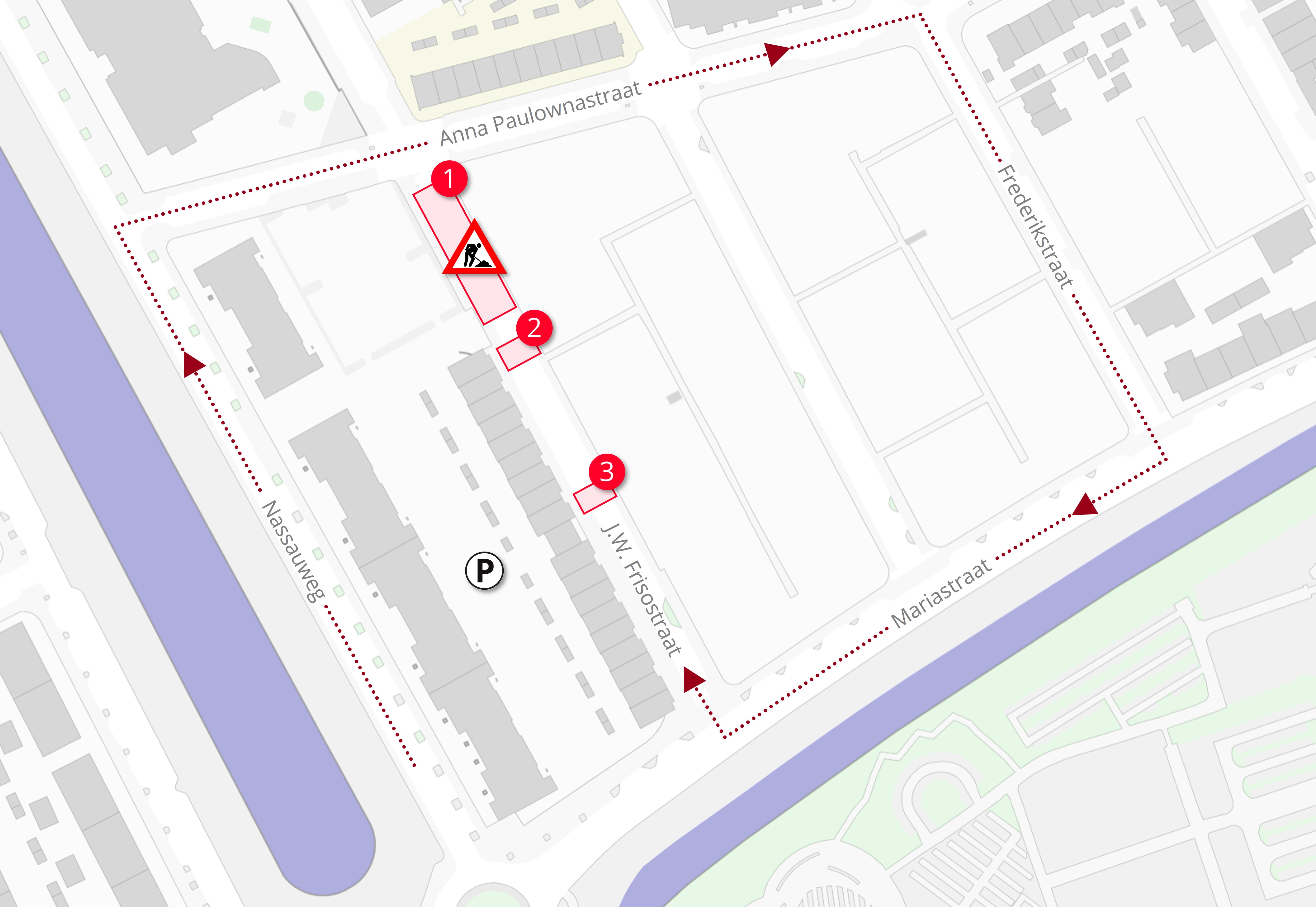 Plattegrond met daarop de locatie van de werkzaamheden in de Johan Willem Frisostraat in Dordecht