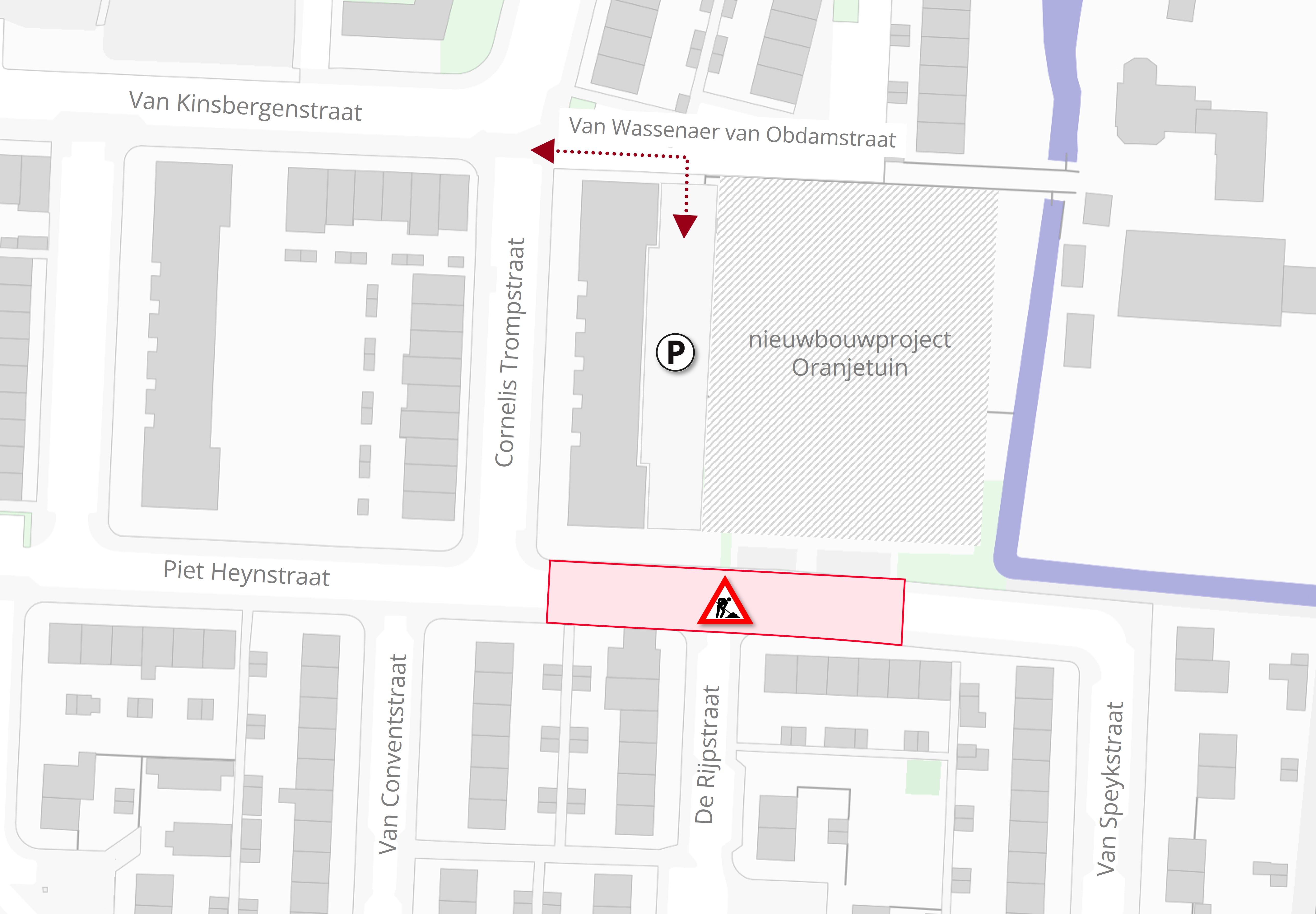 Plattegrond met daarop de locatie van de werkzaamheden in de Piet Heynstraat in Dordrecht.